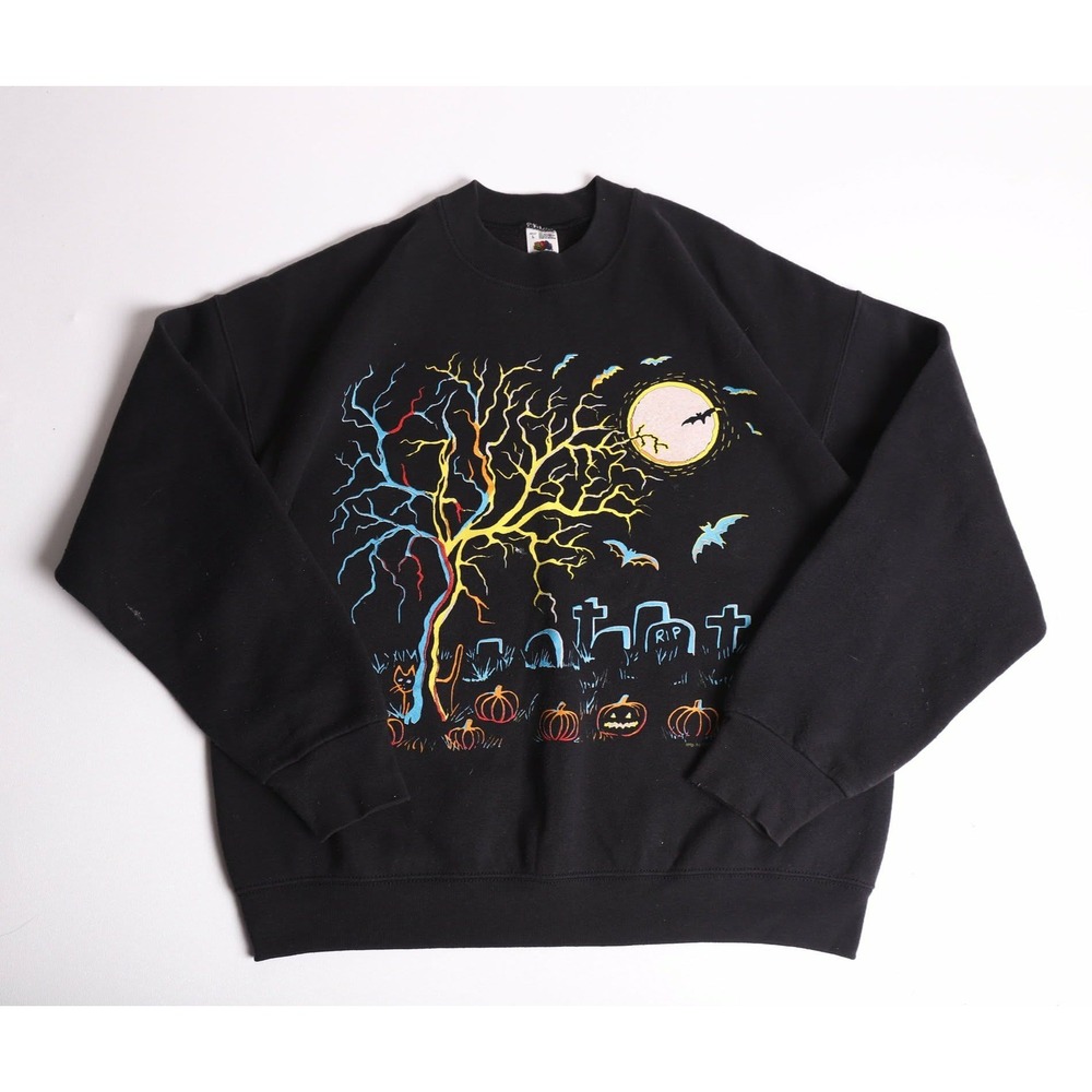 Vintage Fruit of the Loom Halloween Sweatshirt Neon Graveyard Black Large USA